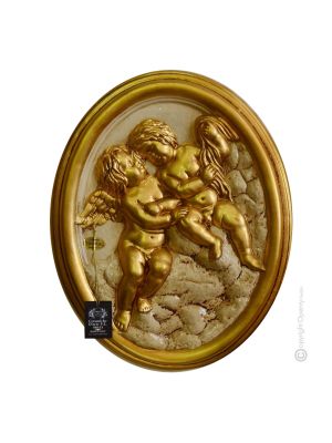 ANGELS Wall decorative object to hang Baroque style artistic ceramic with 24k golden leaf Made in Italy