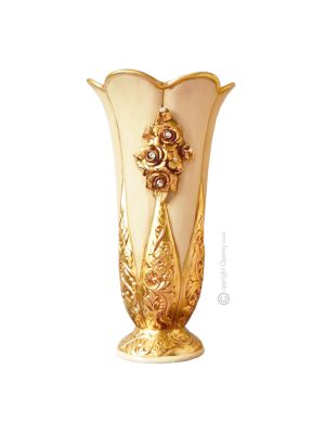 Vase ceramic art - Tabletop décor - Golden flowers bas-relief