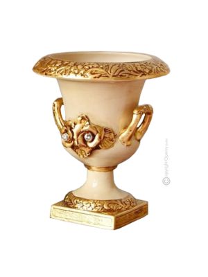 Vase ceramic artwork - Home styling - Golden goblet and roses