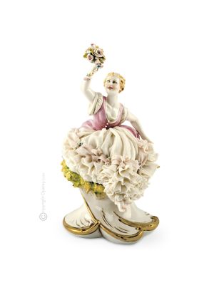 YOUNG LADY WITH FLOWERS Statuette statue figure porcelain Capodimonte handmade made in Italy exclusive