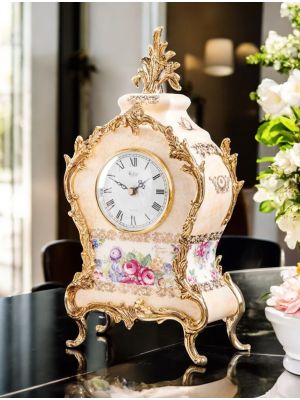 High quality ceramic table clock, enriched with elegant golden details, handcrafted.