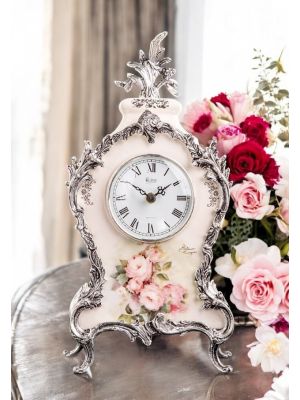 Table clock in fine ceramic, with refined silver details, handmade.