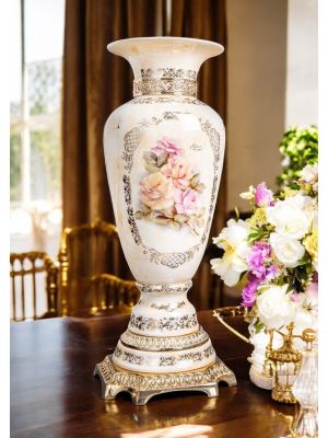 High quality ceramic vase, decorated with flowers and golden details, handmade.