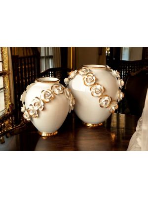 Set of 2 high quality ceramic vases, decorated with roses, Swarovski crystals and gold details.