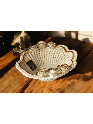 Centerpiece, ceramic basket, with roses and golden decorations, handmade.