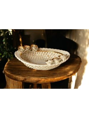 Centerpiece, ceramic basket, with roses and golden facets, handmade.