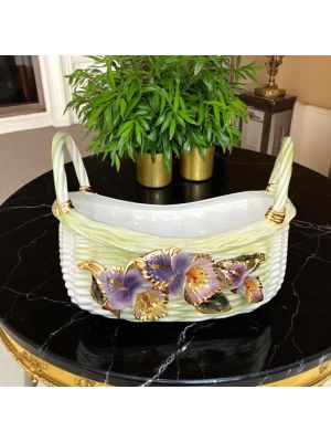 Centerpiece, ceramic basket adorned with flowers and refined golden details, handmade.