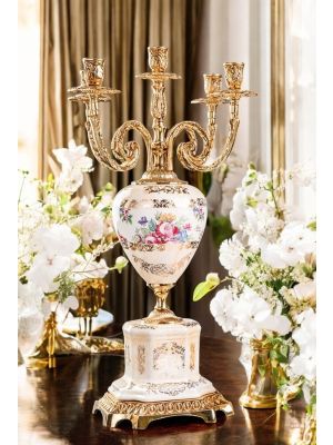 High quality ceramic 5 flame candelabra, with floral and gold details, handmade.