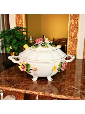 Artistic ceramic tureen in baroque style, floral decoration with gold, handmade.