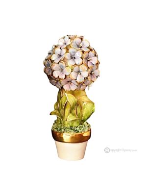 Artistic ceramic plant decorated with hydrangeas and golden details, made entirely by hand.
