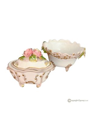 Refined ceramic box and tray, embellished with flowers and golden details, handmade.