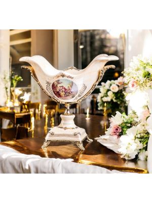 Fine ceramic cake stand, decorated with baroque motifs and golden details, handmade.