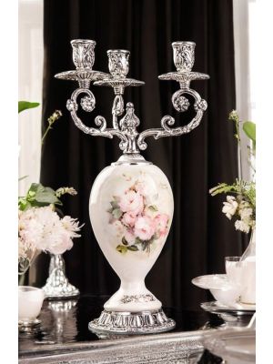 High quality ceramic 3 flame candelabra, with floral and silver details, handmade.