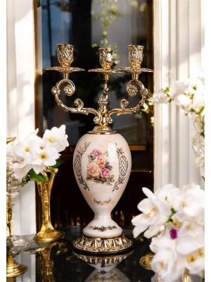 High quality ceramic 3 flame candelabra, with gold and rose details, handmade.