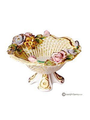 Baroque style ceramic table stand, adorned with flowers and gold finishes, handmade.