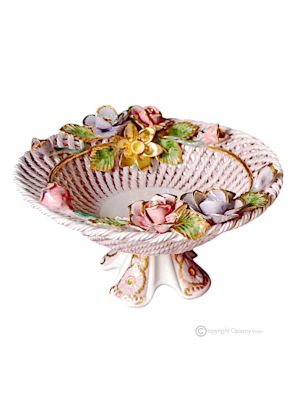 Baroque style ceramic centerpiece stand, decorated with flowers and golden details, handmade.