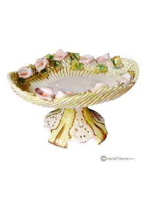Cake stand, centerpiece in fine ceramic, decorated with flowers and golden details, handmade.