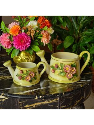Set of 2 watering cans, ceramic table decoration, with flowers and golden details, handmade.