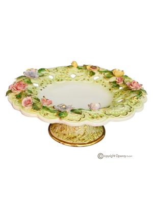 Cake stand, centerpiece in fine ceramic, decorated with flowers and golden details, handmade.