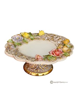 Cake stand, centerpiece in refined ceramic, adorned with flowers and golden details, handmade.