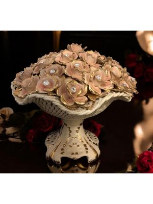 Cake stand, superior ceramic centerpiece, containing roses, gold details and crystals, handmade.