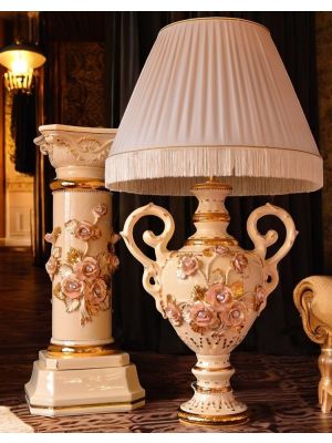 Elegant table lamp with ceramic column, floor lamp with rose, gold and crystal decoration