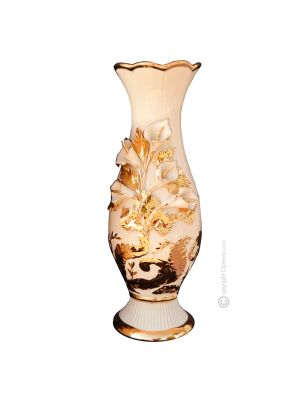 Handmade ceramic vase - Interior décor - Golden calla bas-relief