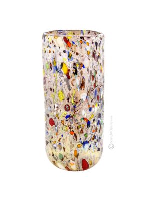 VASO ARLECCHINO Vase authentic Murano blown glass with Murrine and 925 silver leaf Made Italy