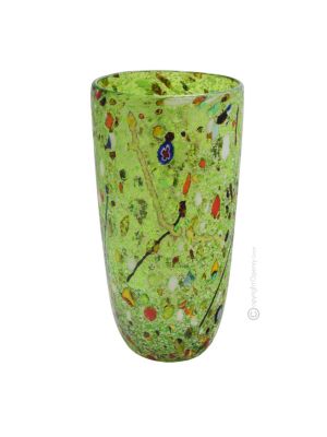 VASO ARLECCHINO Vase authentic Murano blown glass with Murrine and 925 silver leaf Made Italy