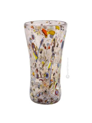 VASO ARLECCHINO Vase authentic Murano blown glass with Murrine and 925 silver leaf Made Italy