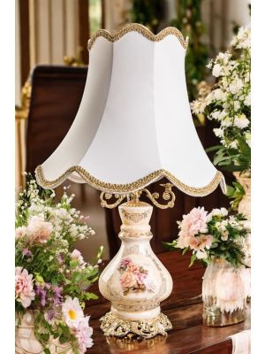 Lamp in fine ceramic with elegant floral and gold decorations, handmade.
