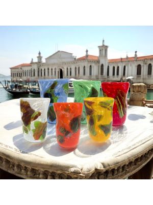 Set of 6 blown glass glasses with inlays made of fused glass, true Murano craftsmanship.