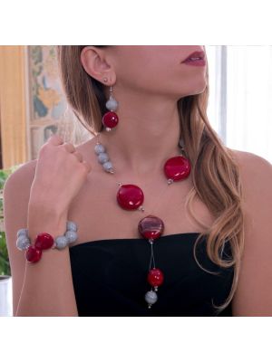 Elegant handcrafted set: necklace, bracelet and earrings, with original blown Murano glass pearls.