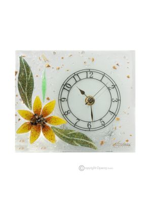 SUNFLOWER - 24k gold leaf clear glass table clock, floral design, handmade