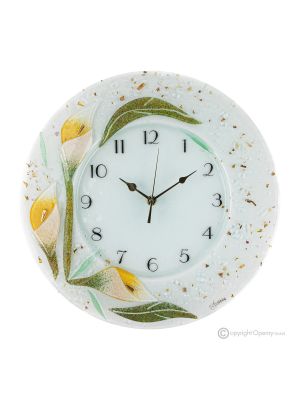 CALLA Wall clock, artistic glass decorated in floral relief, handmade