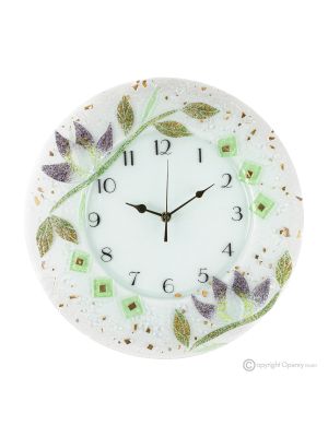 NINFEA Wall clock, artistic glass decorated in floral relief, handmade