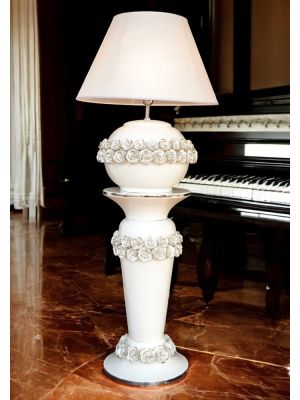 Table lamp with artistic ceramic column, decorated with roses, crystals and platinum details