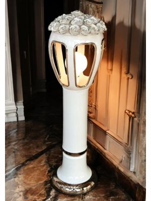 Floor lamp, ceramic lantern, decorated with roses, Swarovski crystals and platinum.