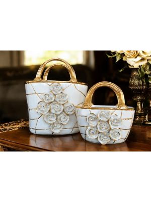 Set of 2 ceramic handbags, with roses, crystals and gold details, handmade.