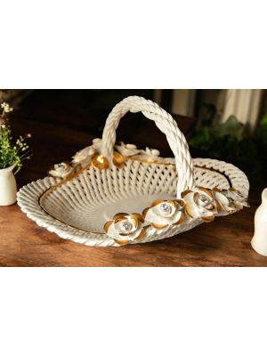 Centerpiece, ceramic basket, with roses and golden details, handmade.