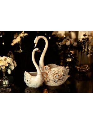 SWANS handmade ceramic table ornament Baroque style artistic with 24k gold details Made in Italy