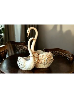 SWANS handmade ceramic table ornament Baroque style artistic with 24k gold details Made in Italy