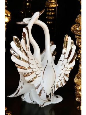 Pair of ceramic swans, decorated with roses, crystals and platinum details, handmade.