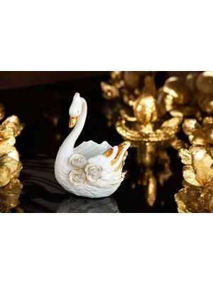 Baroque style ceramic swan, table decoration embellished with roses, crystals and golden details.