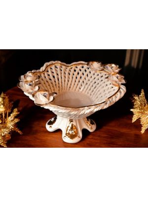 High quality ceramic cake stand, decorated with roses, crystals and gold finishes, handmade.
