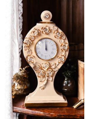 Vintage table clock ceramic - Tabletop décor - Roses bas-relief