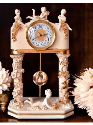 Grandfather clock with columns and cupids, high quality ceramic, handmade.