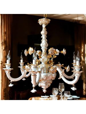 Pendant lamp, ceramic with 6 flames, with roses, crystals and gold, handmade.