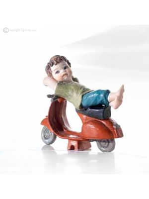 SANDRO - Capodimonte doll on scooter, hand-crafted porcelain.