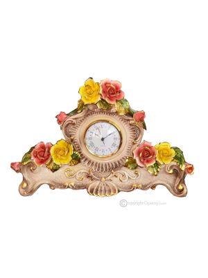 Vintage table clock ceramic - Decor art - Yellow and red roses